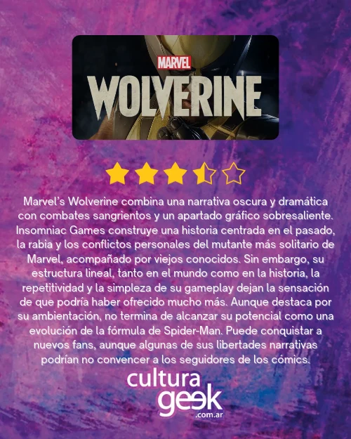 Placa de puntaje de la review de Marvel’s Wolverine: tres estrellas y media sobre cinco
