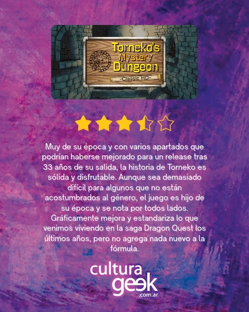 Placa de puntaje de CulturaGeek: 3,5 estrellas para Dragon Quest Heroes: Torneko's Mystery Dungeon -Classic HD-