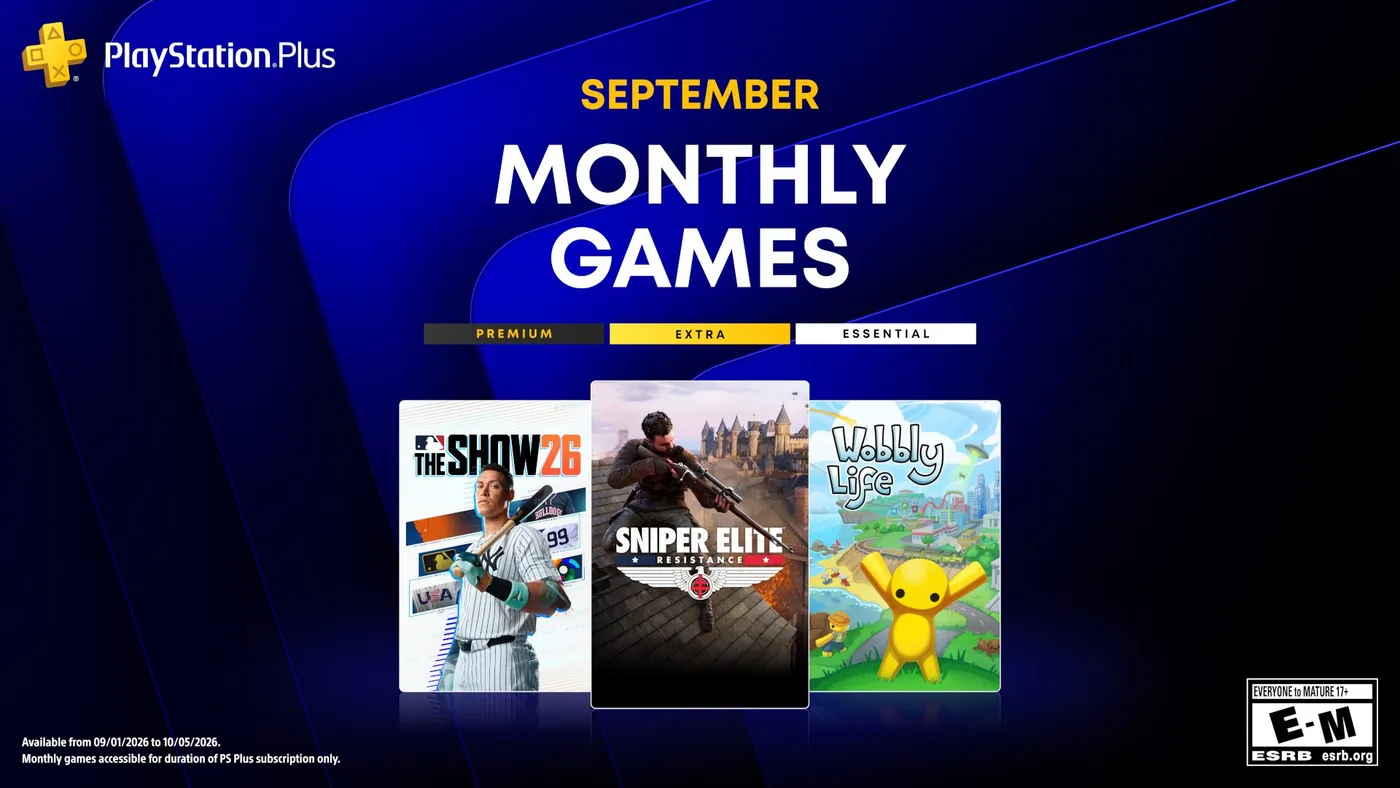 Arte oficial de los juegos de PS Plus de septiembre 2026 con las portadas de MLB The Show 26, Sniper Elite: Resistance y Wobbly Life
