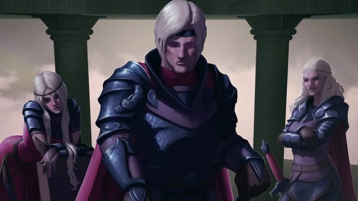 Ilustración de Aegon Targaryen con armadura junto a sus hermanas Visenya y Rhaenys