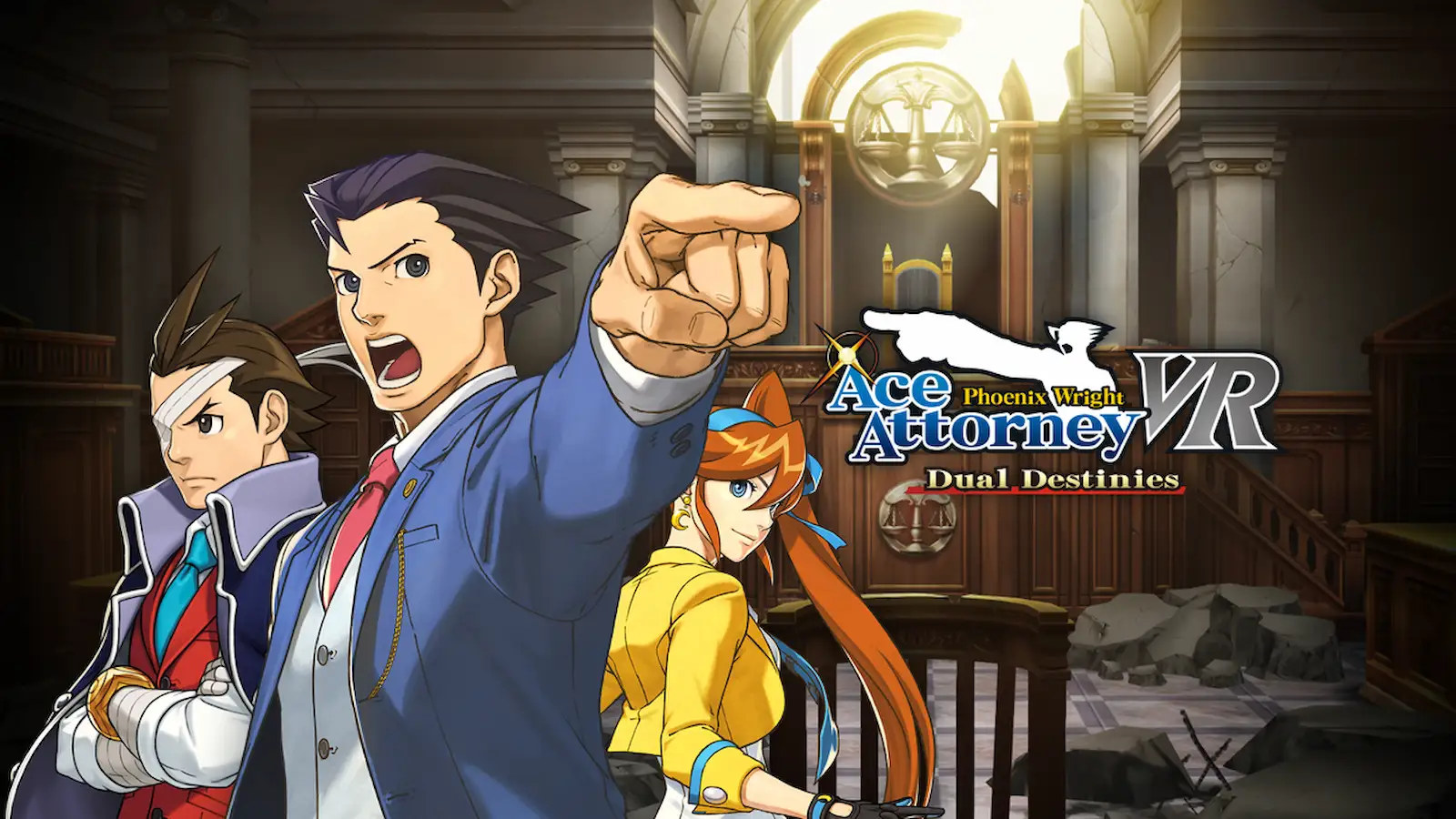Arte de portada de Phoenix Wright: Ace Attorney Dual Destinies VR con Phoenix Wright señalando en el tribunal, junto a Apollo Justice y Athena Cykes