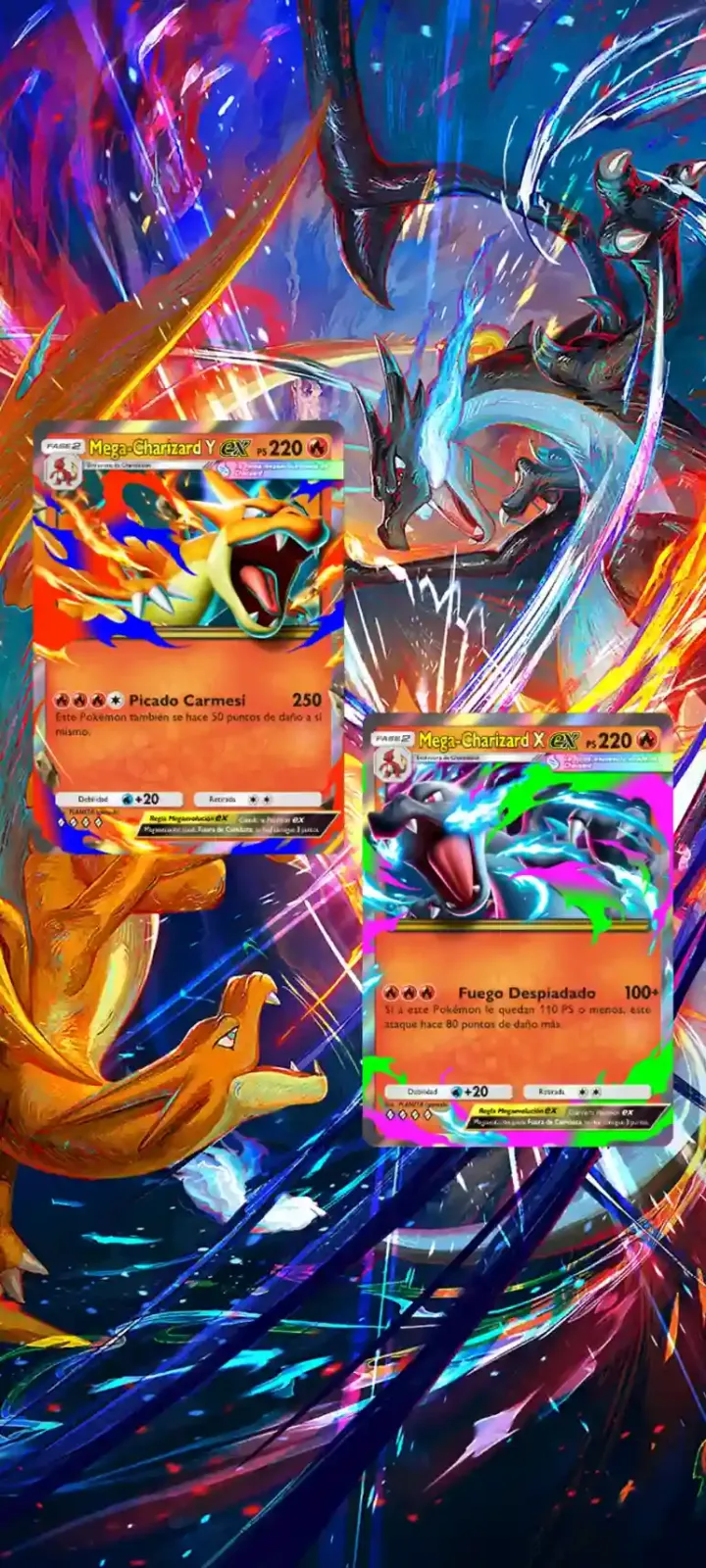Cartas de Mega-Charizard en la pantalla de Pokémon Pocket con el fondo del Sobre Deluxe Mega