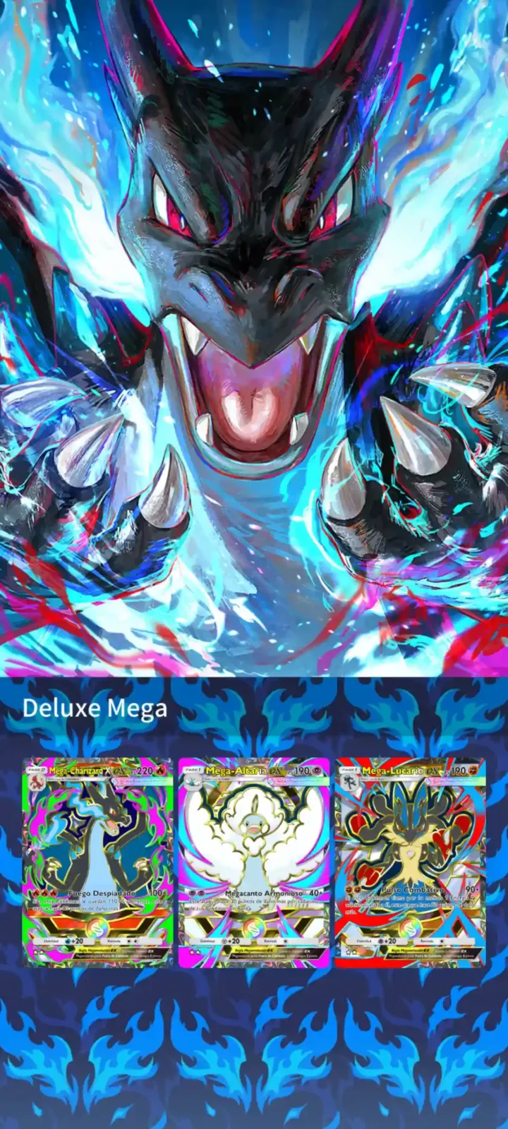 Pantalla de Pokémon Pocket con la portada de Mega-Charizard X y las cartas del Sobre Deluxe Mega