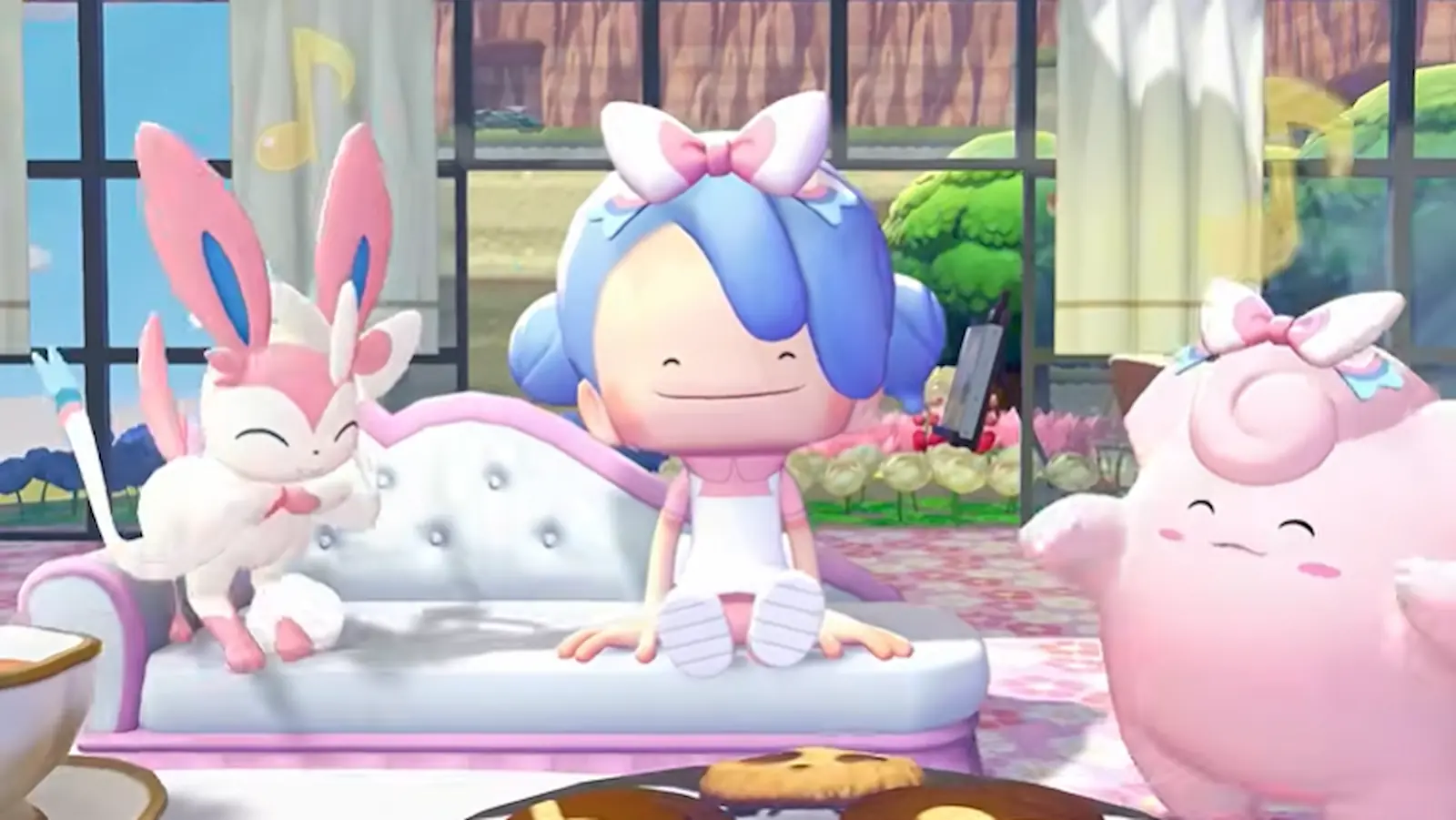Sylveon con sus cintas junto al protagonista de Pokémon Pokopia y un Clefairy con moño, en una casa decorada