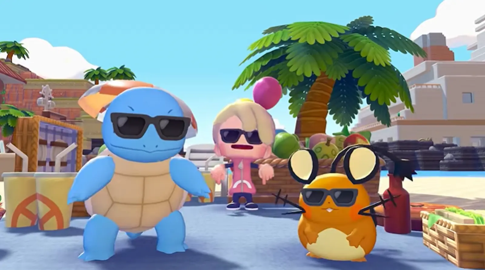Squirtle, Dedenne y el protagonista de Pokémon Pokopia con anteojos de sol en el mercado del pueblo