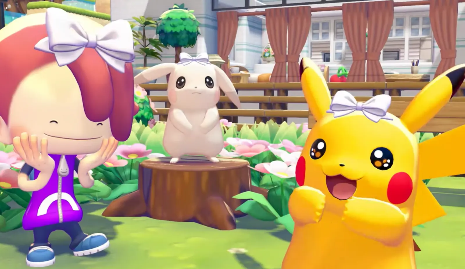 El protagonista de Pokémon Pokopia y Pikachu con moños blancos en la cabeza, junto a otro Pokémon sobre un tronco