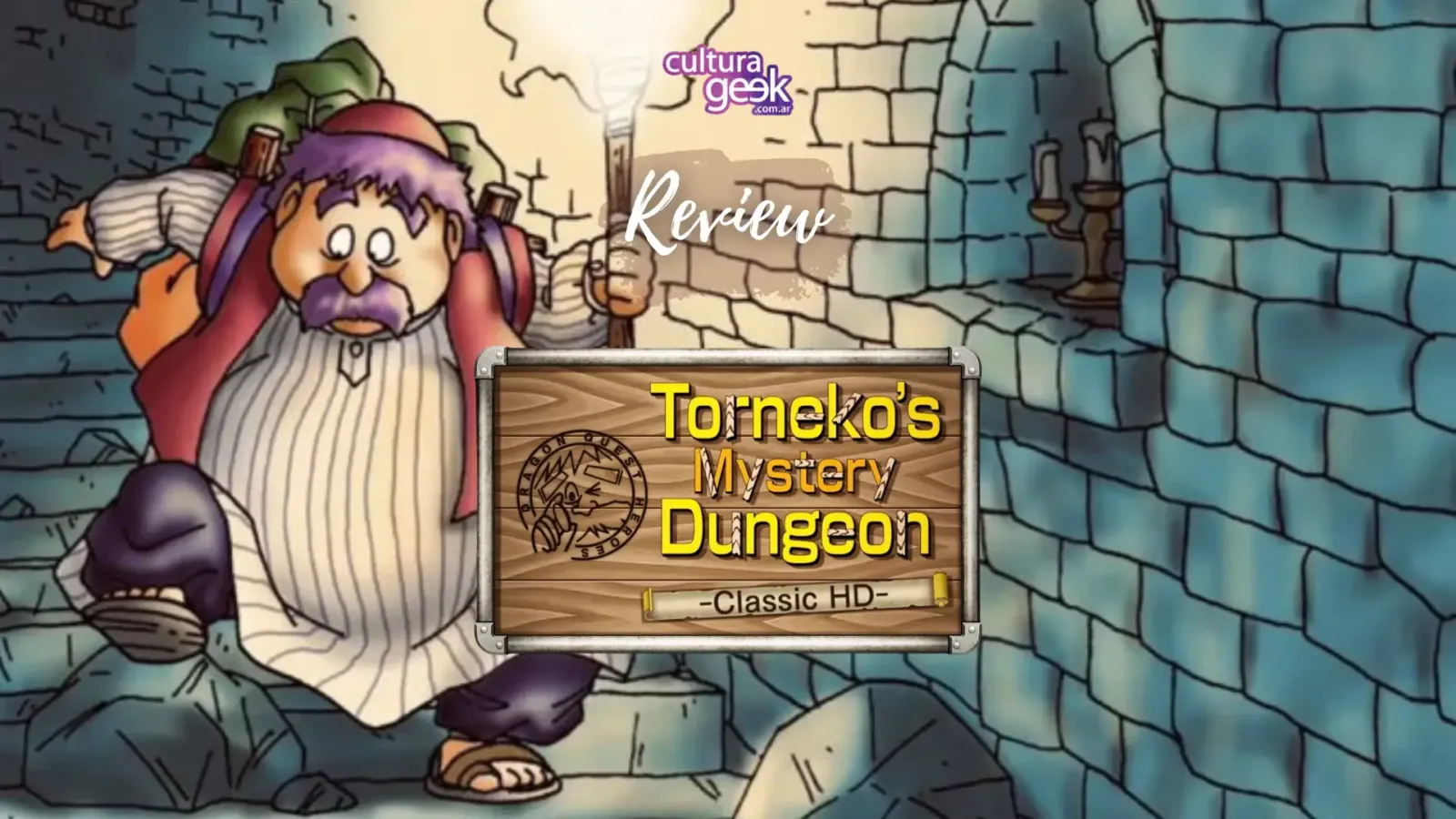 Placa de review de Dragon Quest Heroes: Torneko's Mystery Dungeon -Classic HD- con Torneko y una antorcha en una mazmorra
