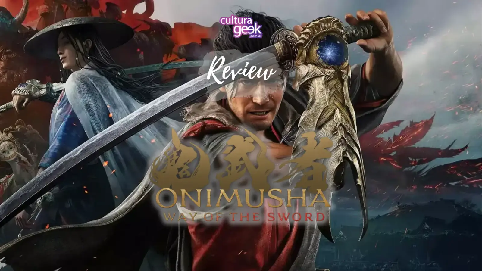 Portada de la review de Onimusha: Way of the Sword: Miyamoto Musashi levanta la katana con el Guantelete Oni, junto al logo del juego
