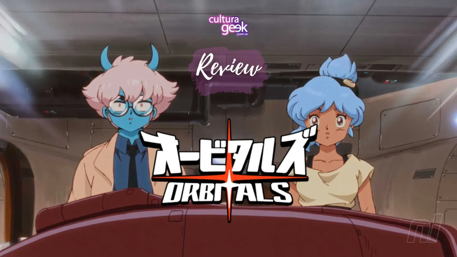 Placa de review de Orbitals con Maki y Omura, los protagonistas, a bordo de su nave