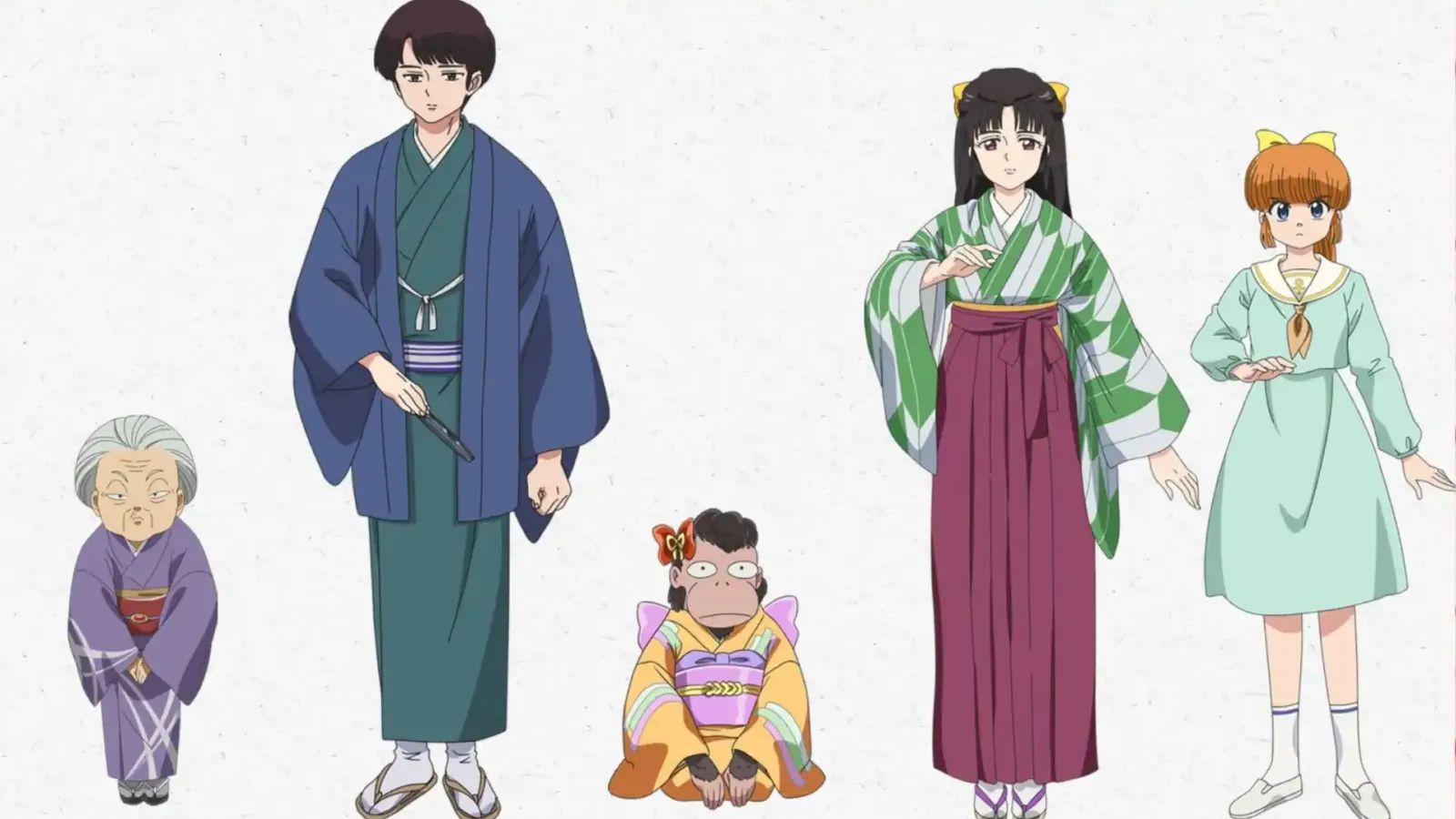 Los cinco personajes nuevos de la temporada 3 del remake de Ranma 1/2 en su arte oficial, entre ellos una anciana, un joven en kimono y un mono