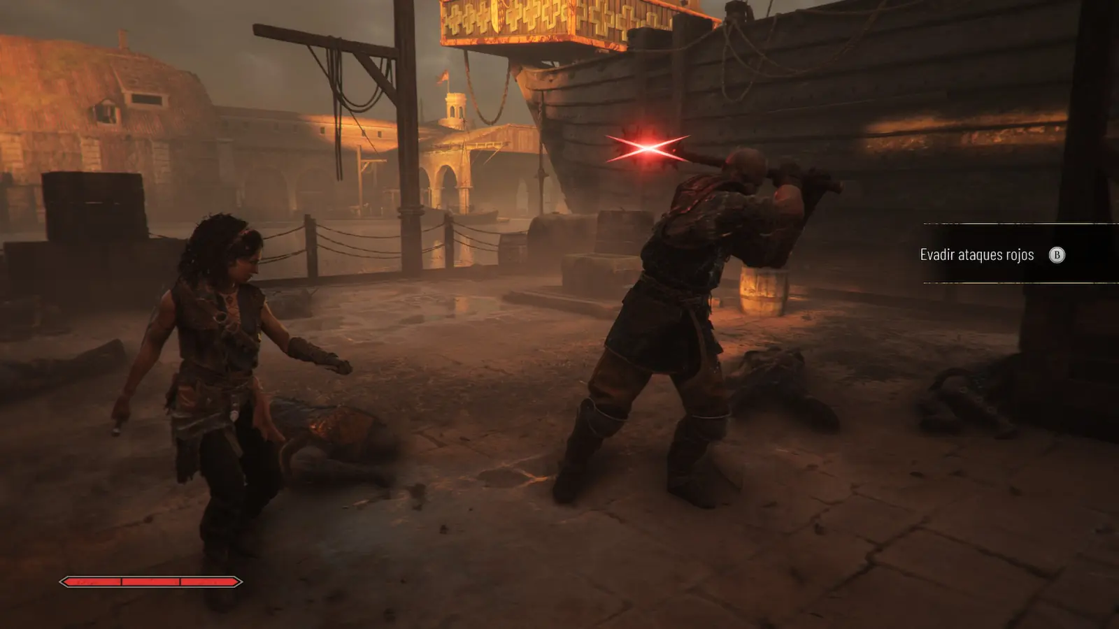 Combate en un muelle de Resonance: A Plague Tale Legacy: Sophia frente a un enemigo con garrote y el aviso de evadir ataques rojos
