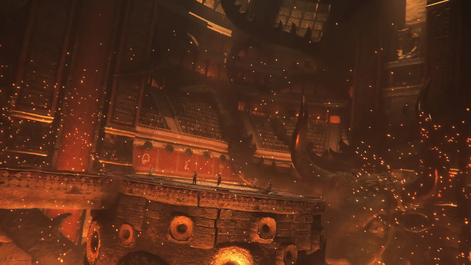 Interior de un templo monumental envuelto en fuego y chispas en Resonance: A Plague Tale Legacy
