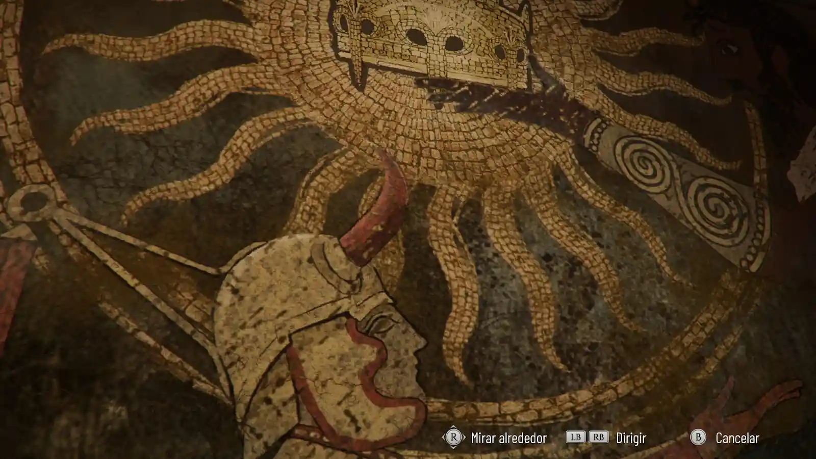 Mosaico de un sol con una corona y un guerrero con casco en Resonance: A Plague Tale Legacy