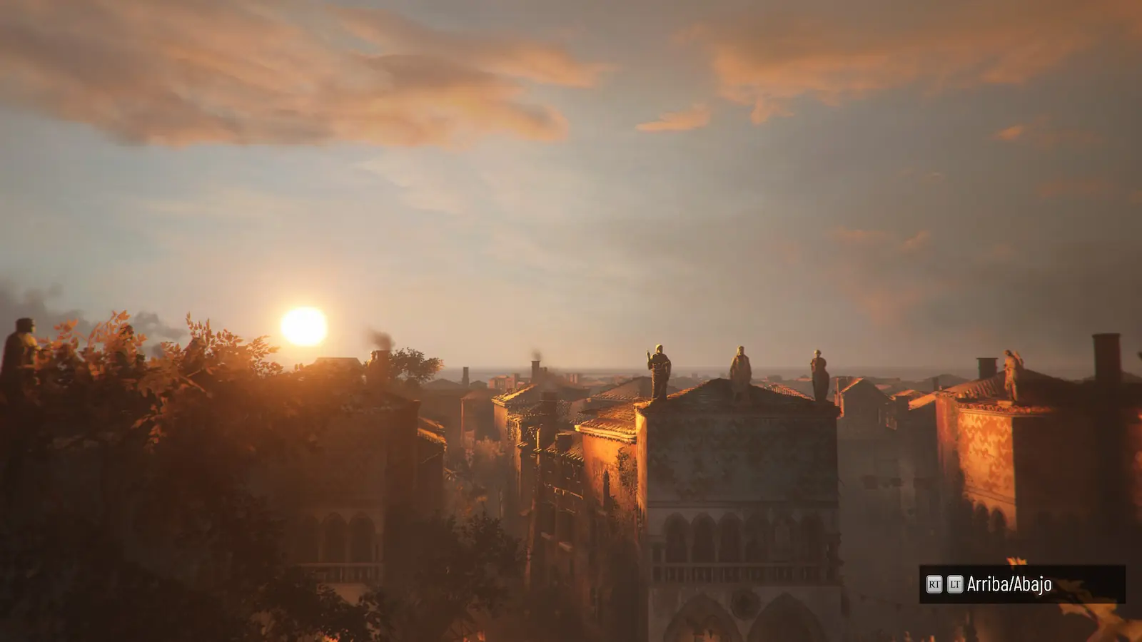 Atardecer sobre los techos y las estatuas de una ciudad en Resonance: A Plague Tale Legacy