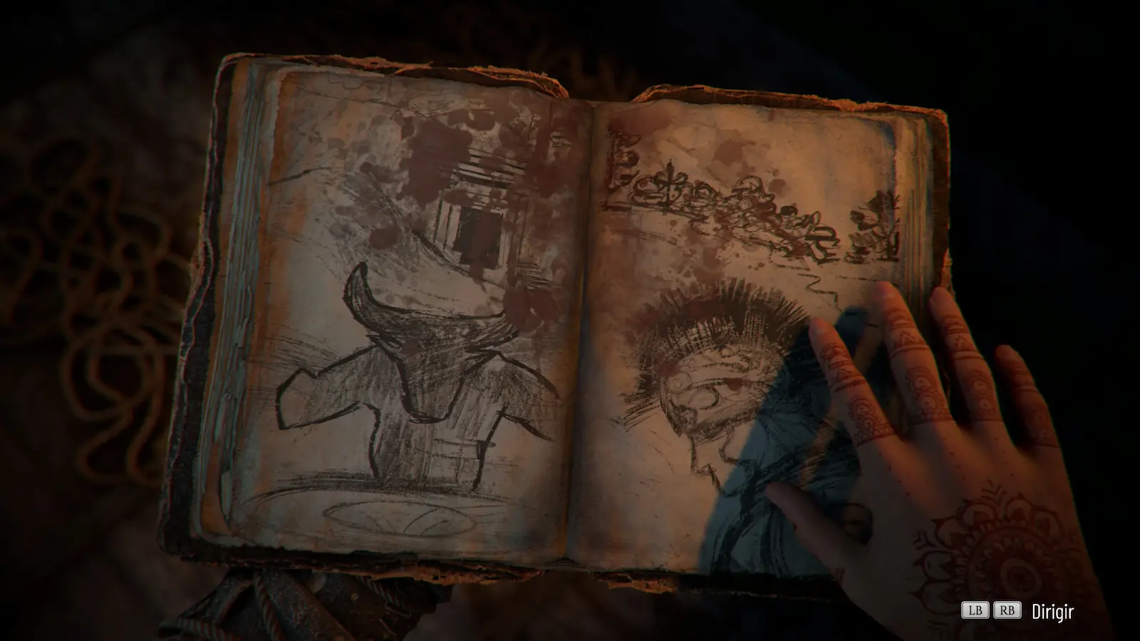 Diario abierto con bocetos de una figura con cabeza de toro en Resonance: A Plague Tale Legacy