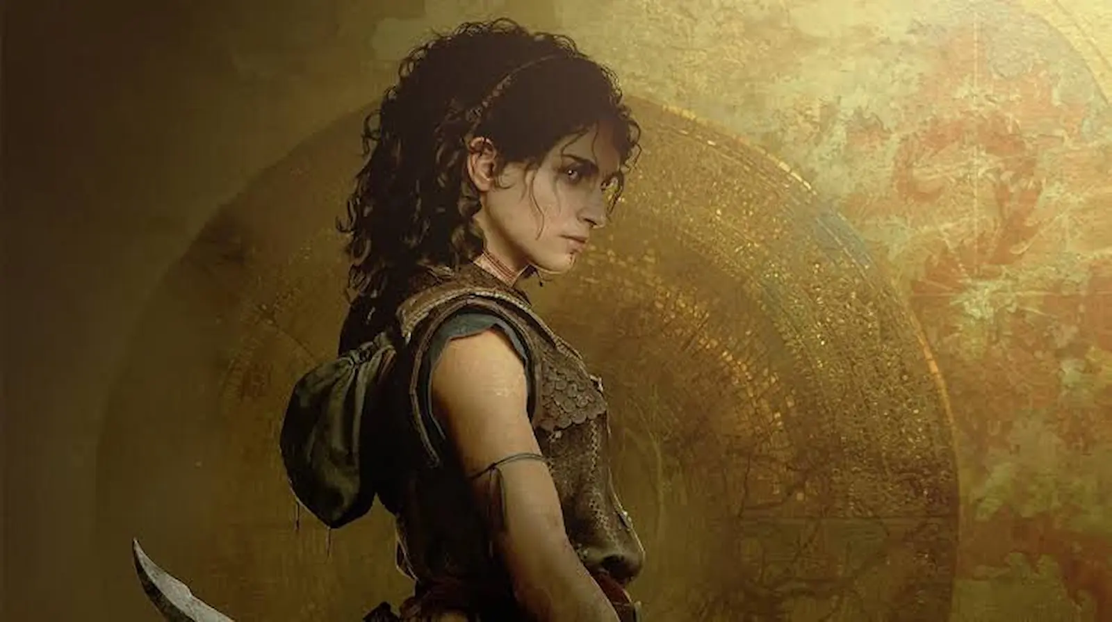 Sophia, protagonista de Resonance: A Plague Tale Legacy, de perfil con una daga ante un disco dorado grabado