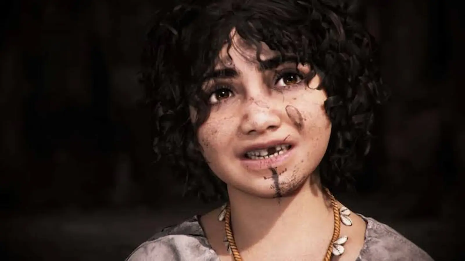 Primer plano de una niña de pelo rizado y cara sucia en Resonance: A Plague Tale Legacy