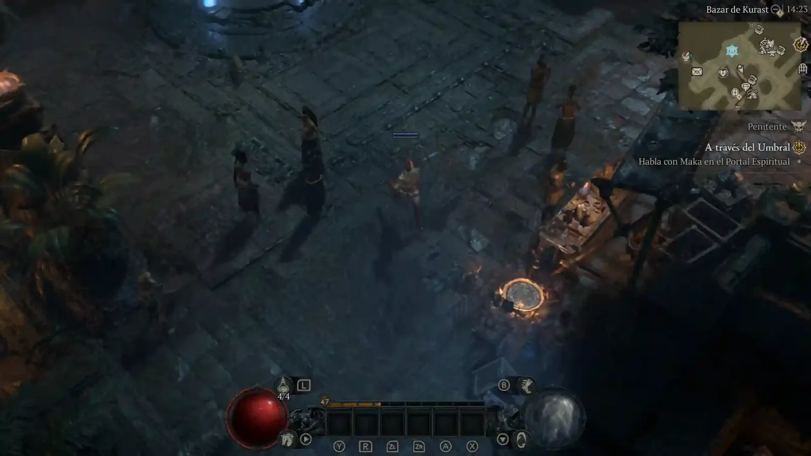Diablo IV Age of Hatred Collection en Switch 2: el personaje recorre un poblado de noche en vista aérea