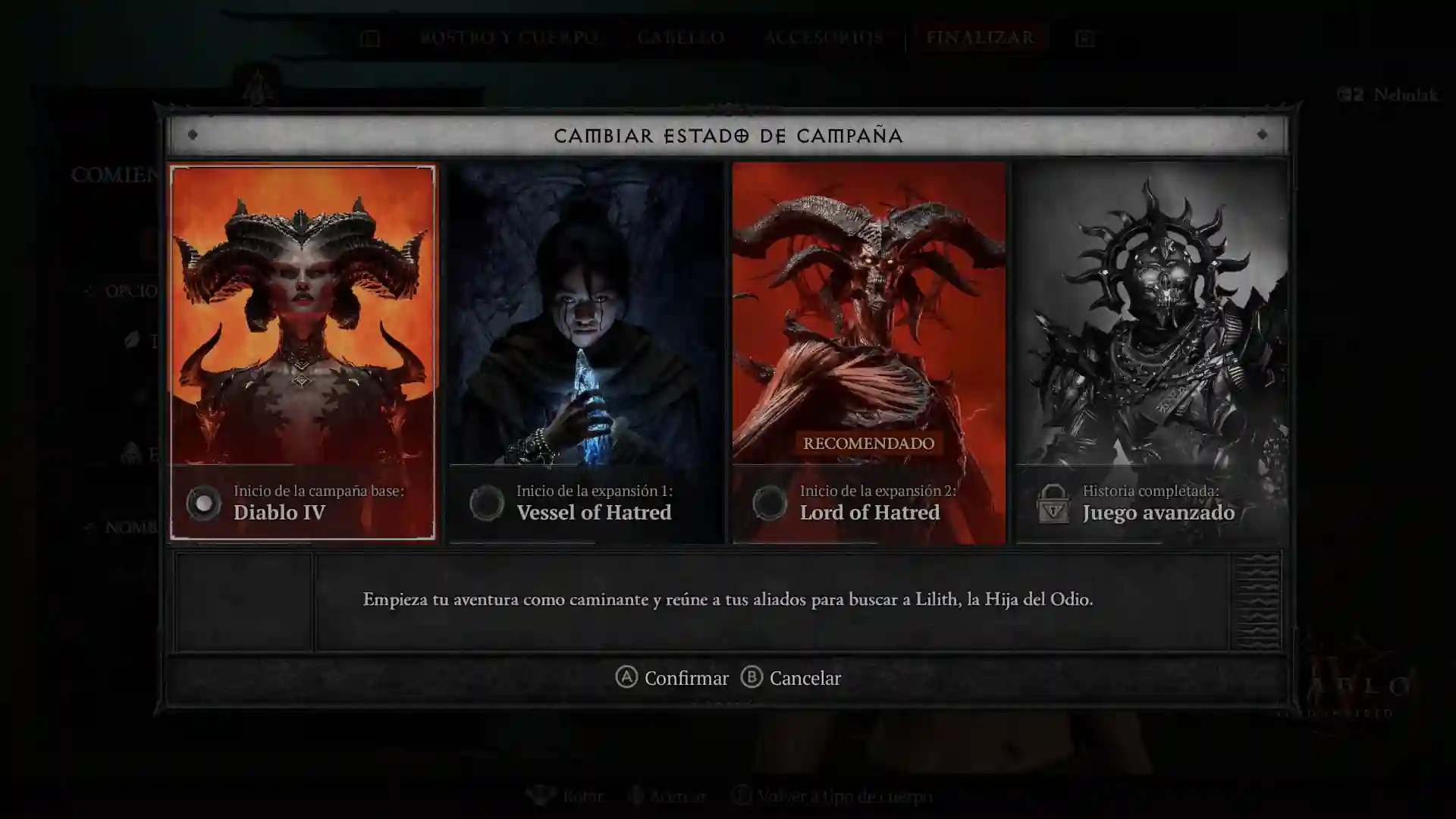 Diablo IV Age of Hatred Collection: menú para elegir campaña entre Diablo IV, Vessel of Hatred y Lord of Hatred