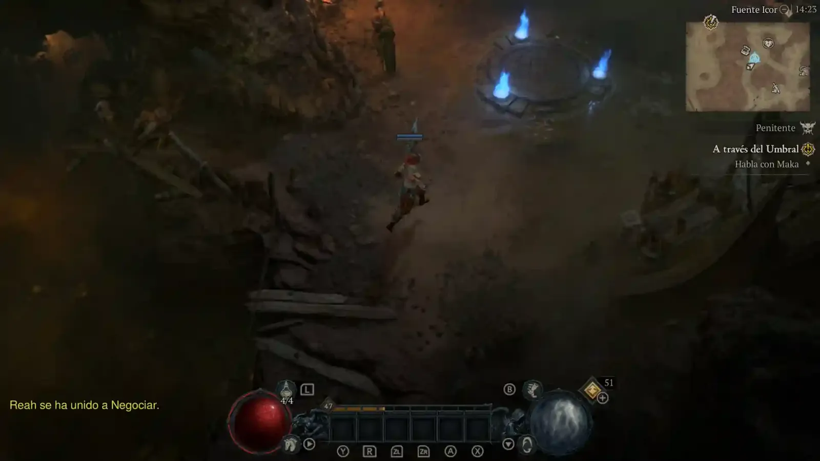 Diablo IV en Nintendo Switch 2: exploración nocturna junto a braseros de fuego azul