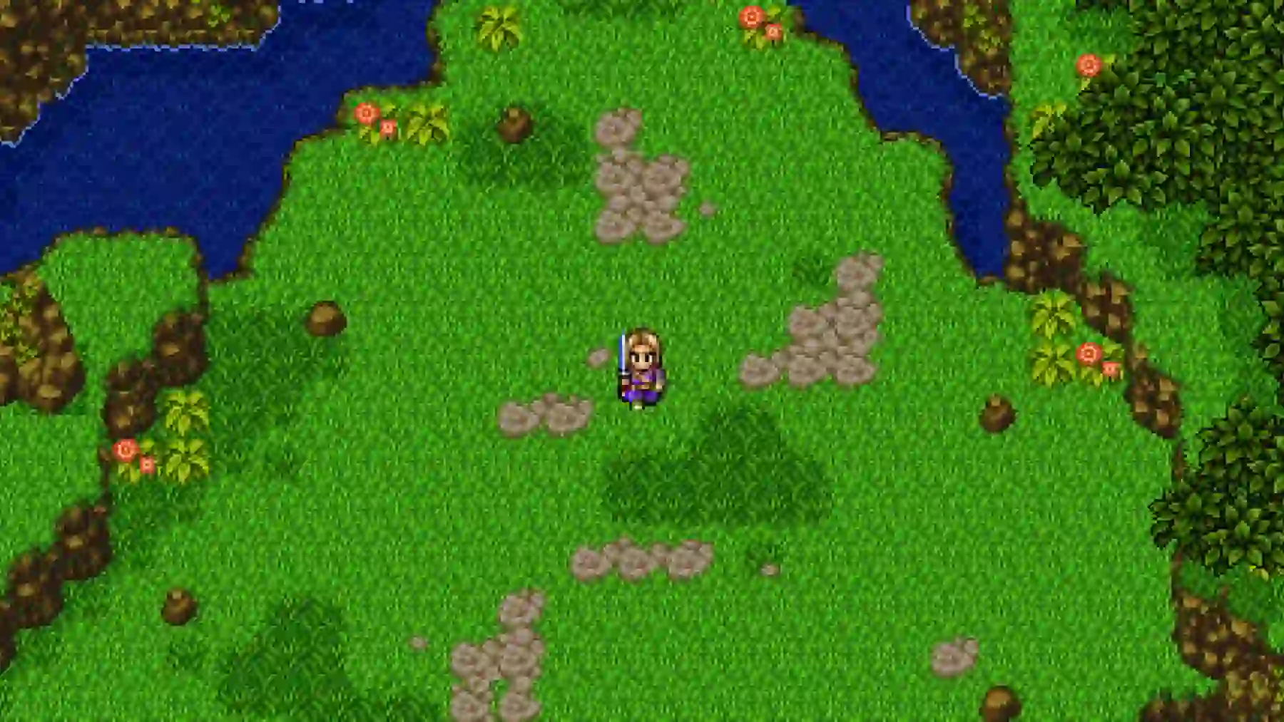 Modo 2D de Dragon Quest XI S: el héroe recorre el mapa del mundo en pixel art