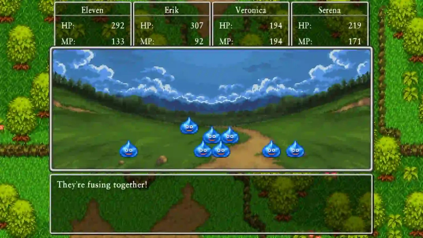 Combate en modo 2D de Dragon Quest XI S: varios slimes se fusionan durante el turno