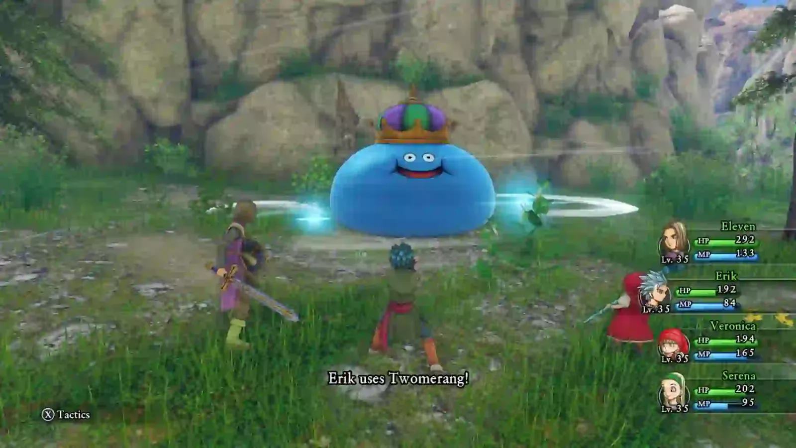 Combate en 3D de Dragon Quest XI S en Switch 2: el equipo enfrenta a un slime gigante