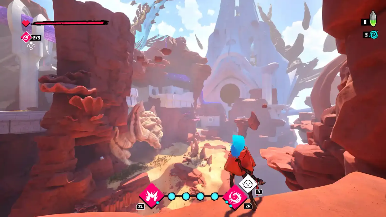 Fading Echo en Switch 2: One camina por un cañón de roca rojiza hacia una ciudad en ruinas
