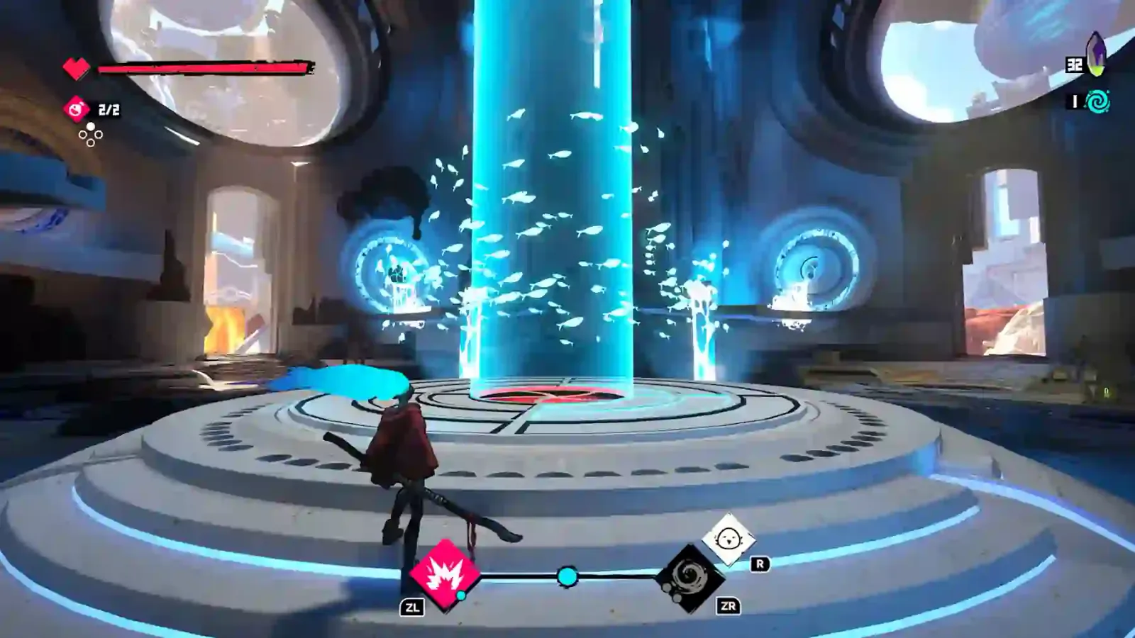 Fading Echo: One frente a una columna de agua en una sala circular con portales azules