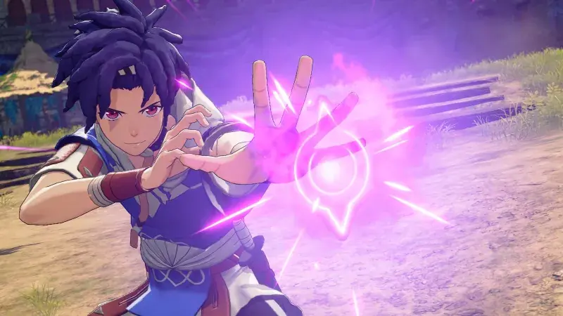 Personaje lanza un hechizo de energía violeta en Fire Emblem: Fortune's Weave