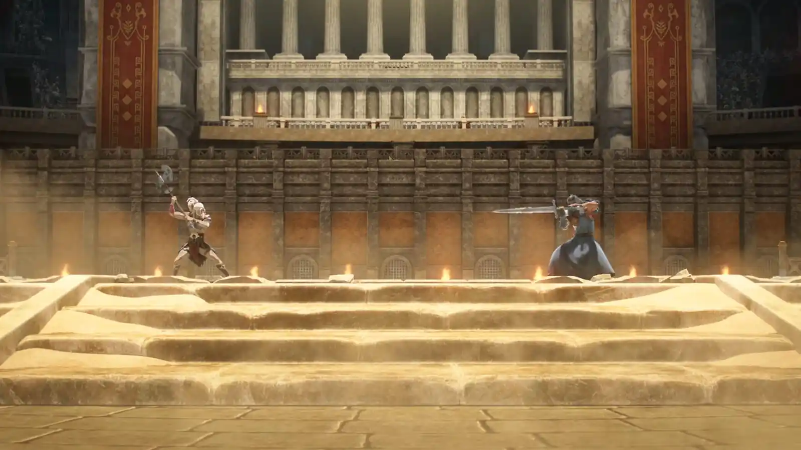 Duelo entre dos guerreros en la escalinata de un coliseo en Fire Emblem: Fortune's Weave