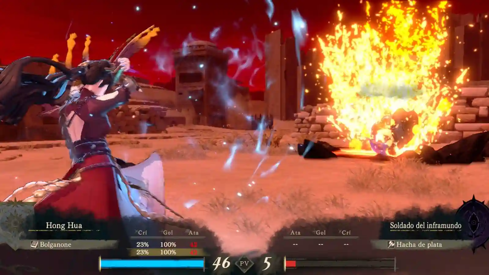 Hong Hua ataca a un soldado del inframundo con una explosión de fuego en un combate de Fire Emblem: Fortune's Weave