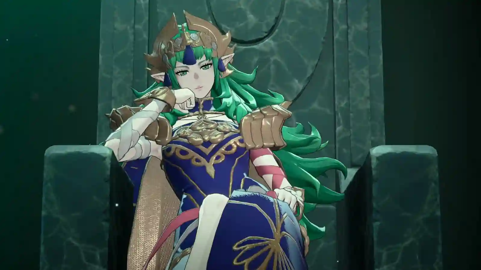 Personaje de pelo verde y corona sentada en un trono en Fire Emblem: Fortune's Weave