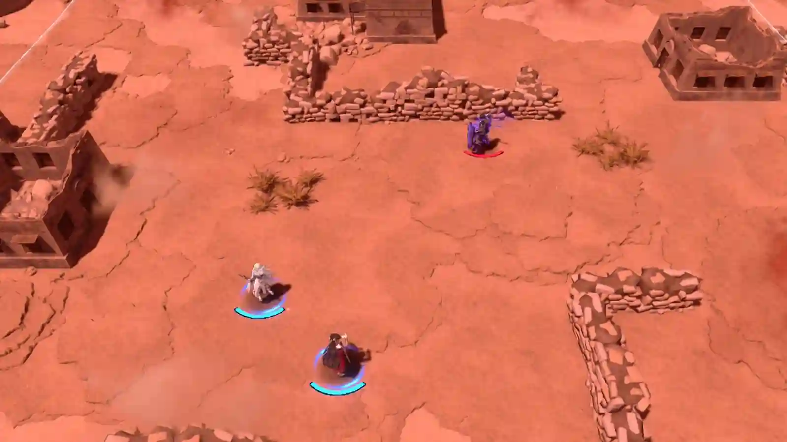 Vista aérea de unidades que avanzan entre ruinas en un campo de batalla de Fire Emblem: Fortune's Weave