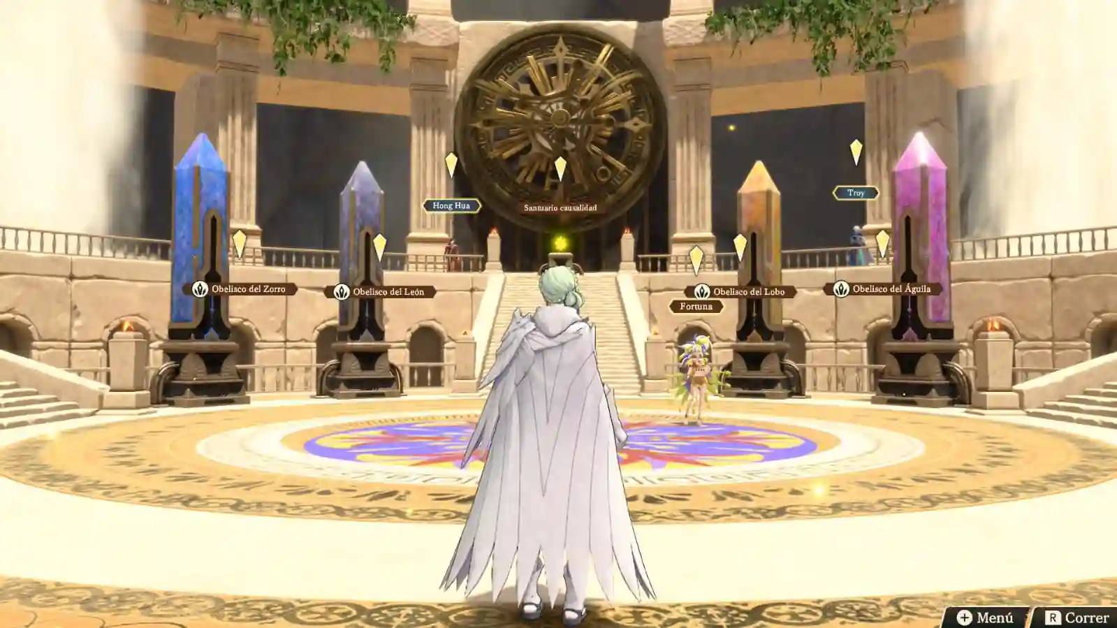 Protagonista de Fire Emblem: Fortune's Weave frente a cuatro obeliscos en un salón circular del templo