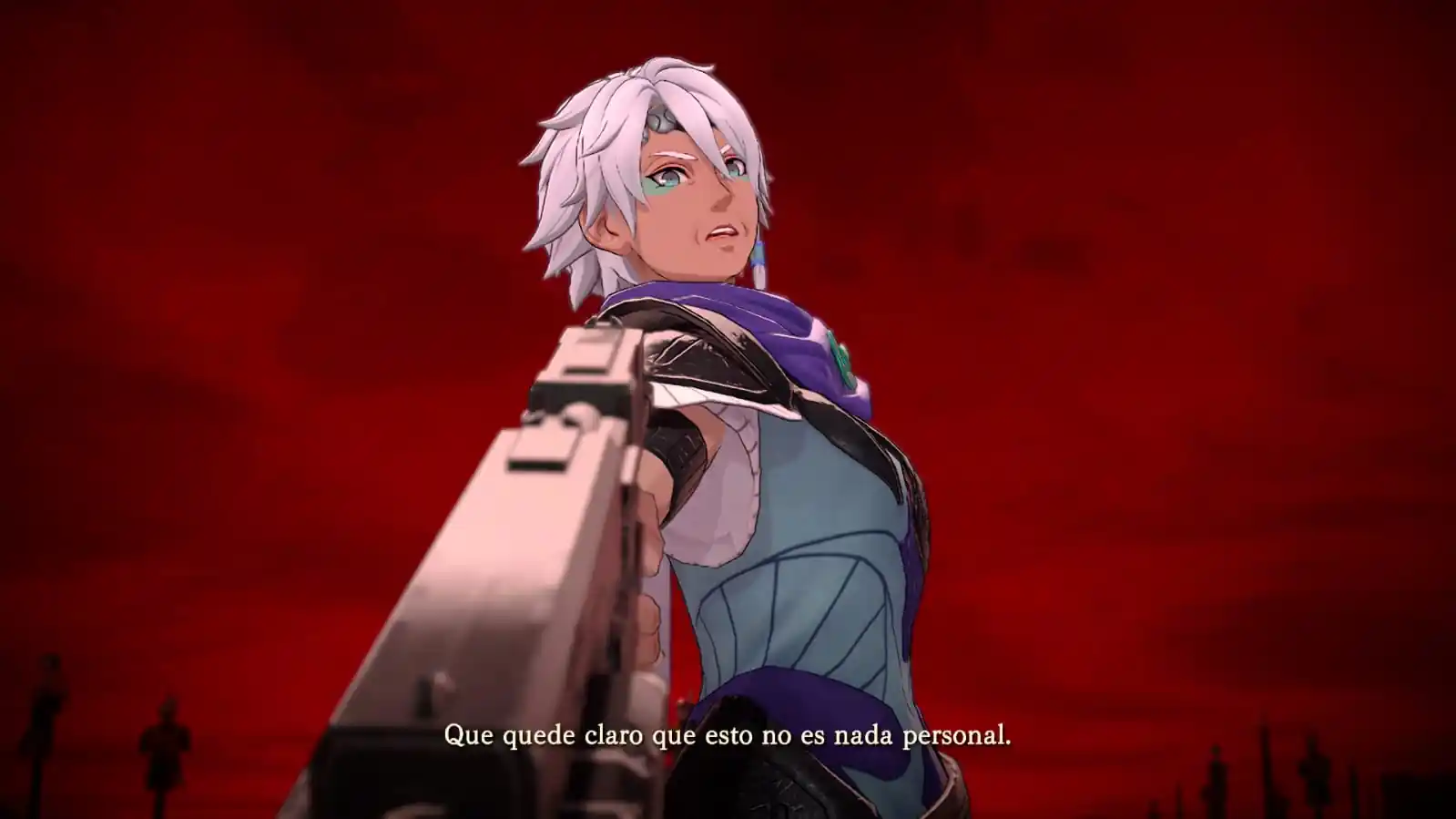 Personaje de pelo blanco apunta con un arma de fuego en una escena de Fire Emblem: Fortune's Weave