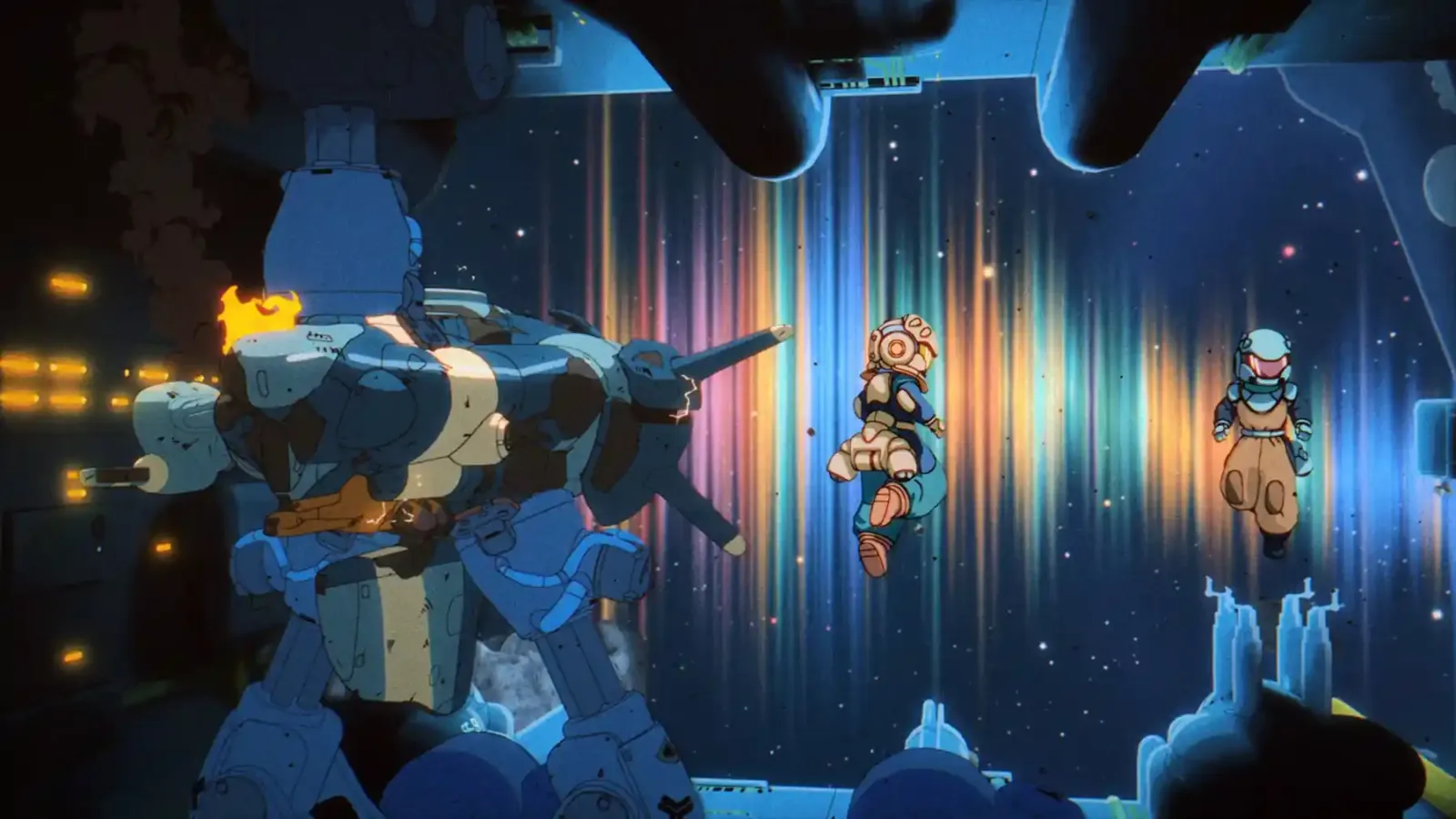 Combate contra un jefe mecha en Orbitals, con los dos jugadores en pantalla
