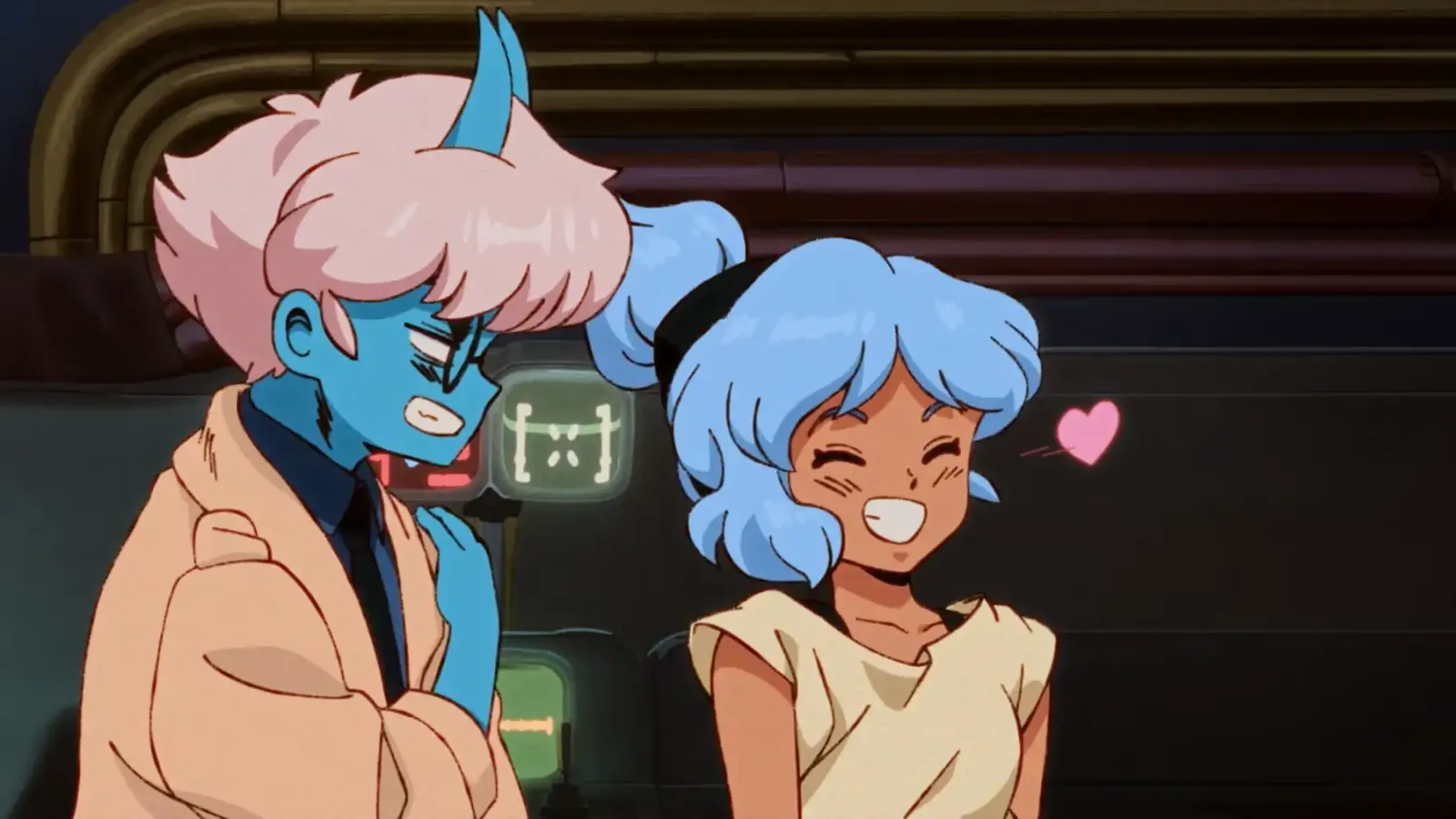 Maki y Omura en una cinemática anime de Orbitals, con el estilo retro de Studio Massket