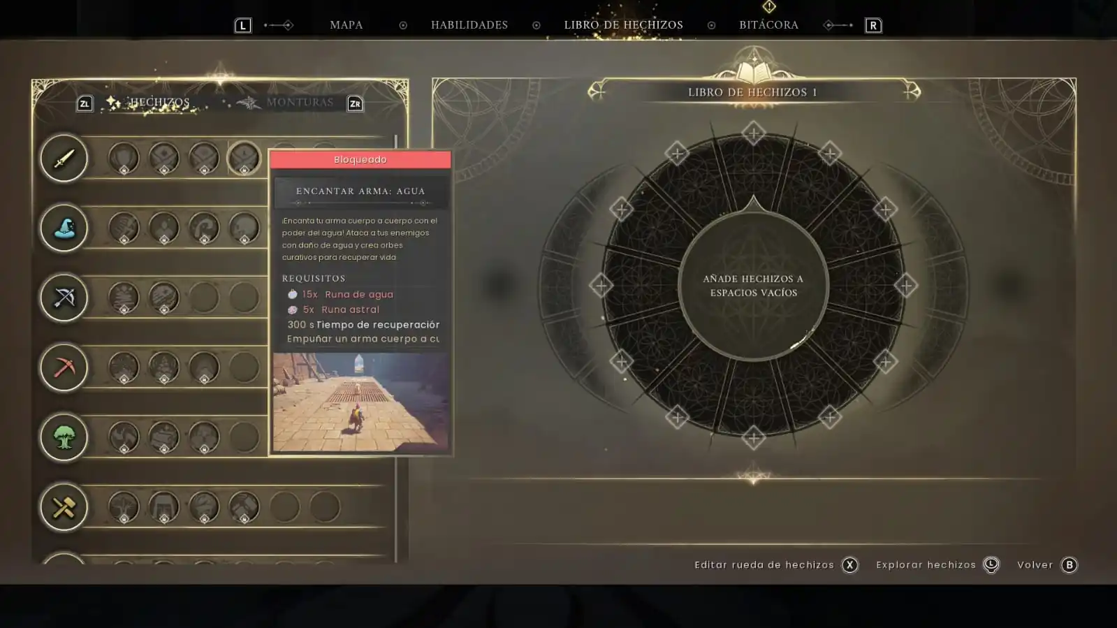 Libro de hechizos de RuneScape Dragonwilds con la rueda de hechizos y una habilidad bloqueada