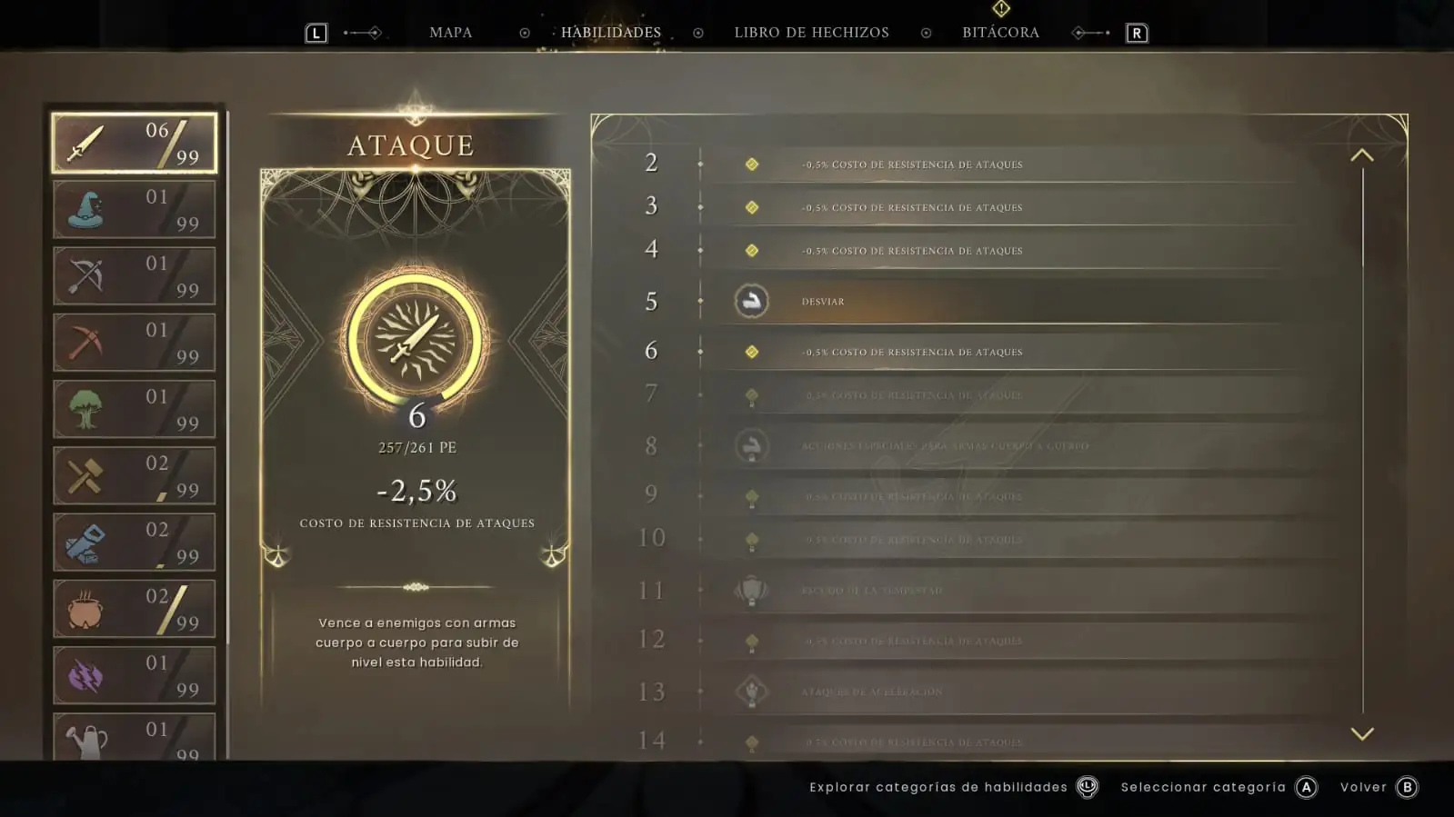 Menú de la habilidad Ataque en RuneScape Dragonwilds con sus estadísticas