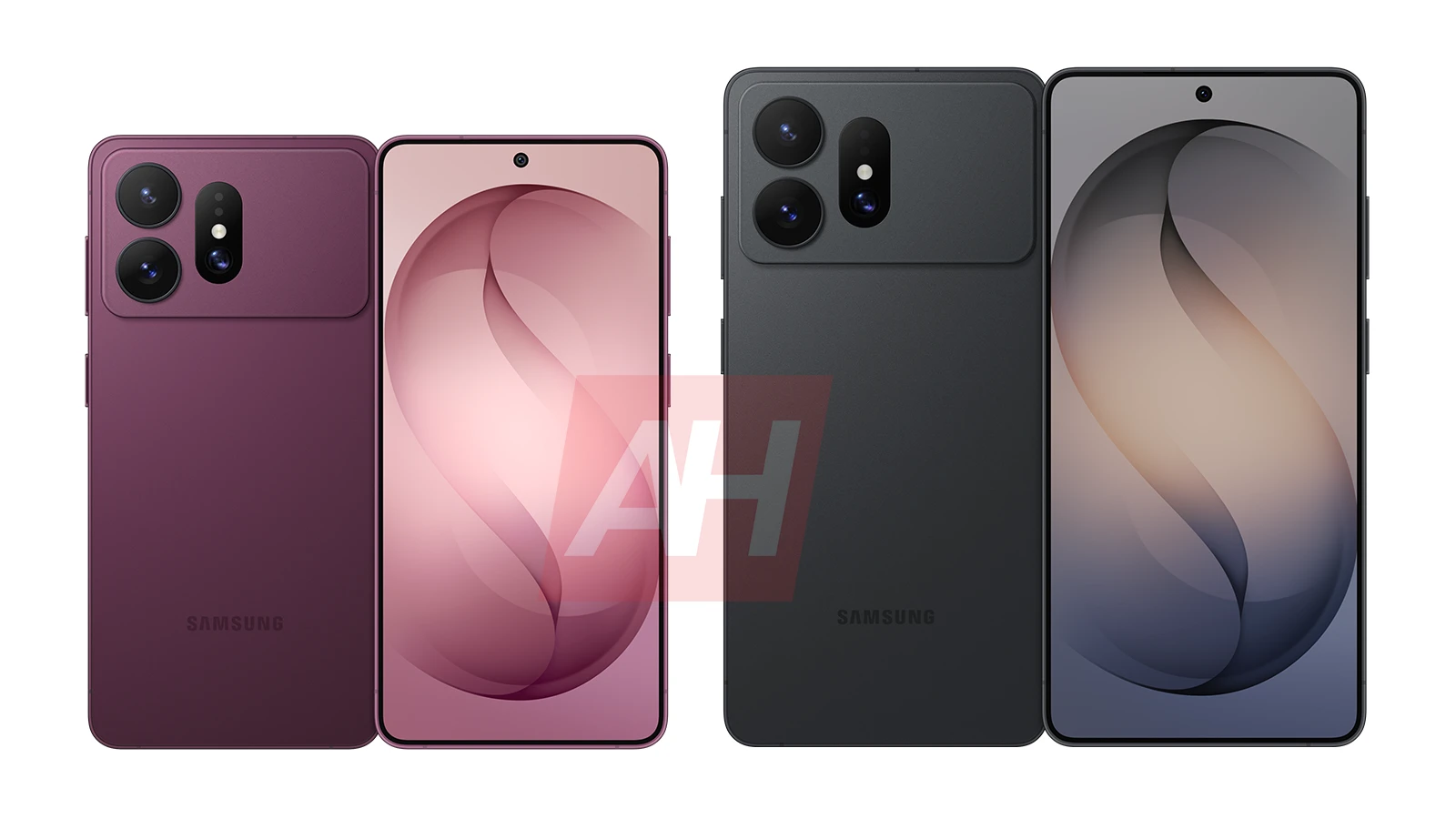 Renders filtrados de dos Galaxy S27, uno violeta y otro negro, de frente y de espaldas, con el módulo de cámaras horizontal
