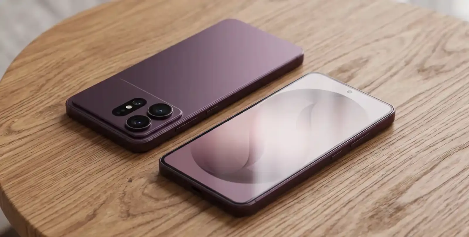 Render filtrado de un Galaxy S27 en color violeta, apoyado sobre una mesa de madera junto a otra unidad boca arriba