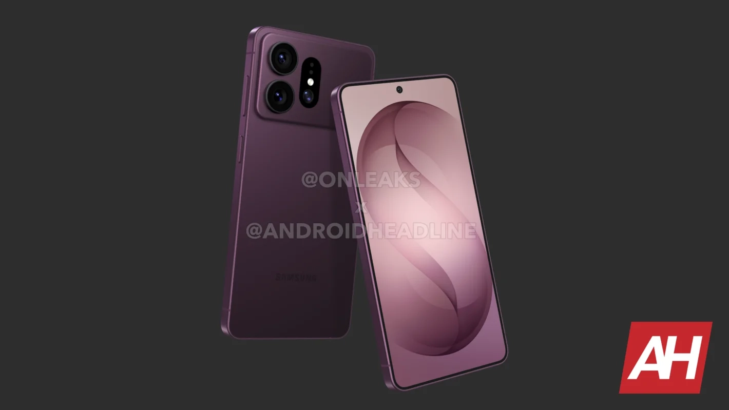 Render filtrado del Galaxy S27 Pro violeta, de frente y de espaldas, con tres cámaras en un módulo horizontal