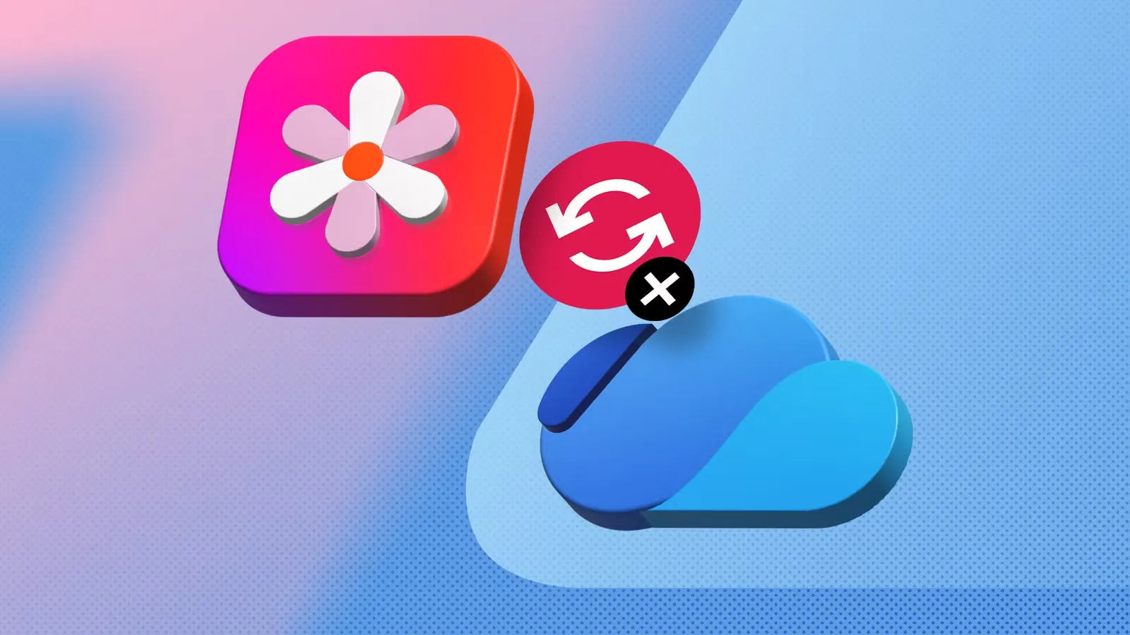 Ícono de la Galería de Samsung junto a un símbolo de sincronización tachado y la nube de OneDrive