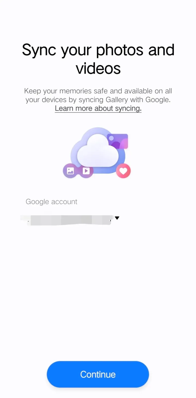 Pantalla de la Galería de Samsung para sincronizar fotos y videos con una cuenta de Google