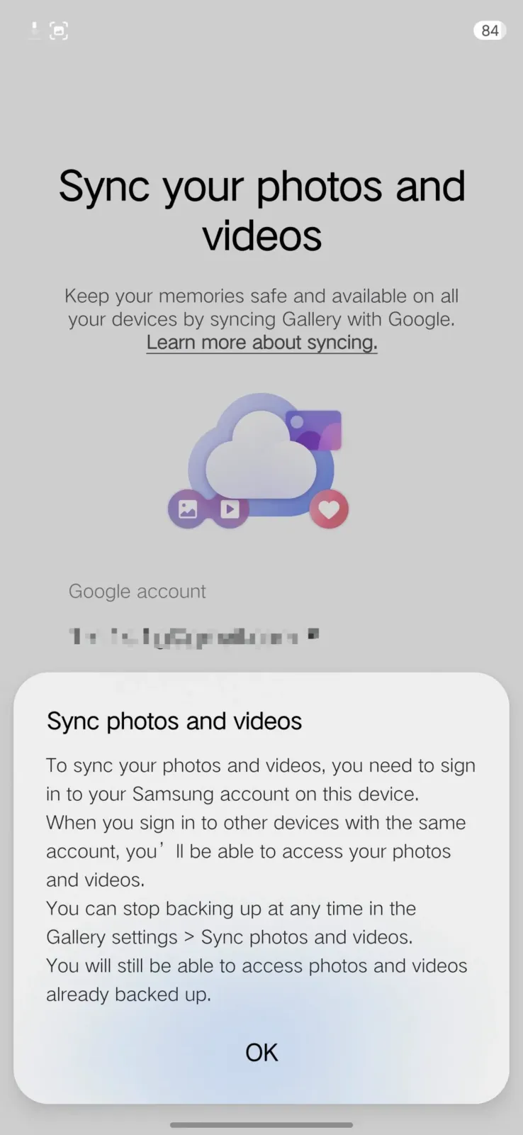 Aviso de la Galería de Samsung que pide iniciar sesión con la cuenta Samsung para sincronizar fotos y videos