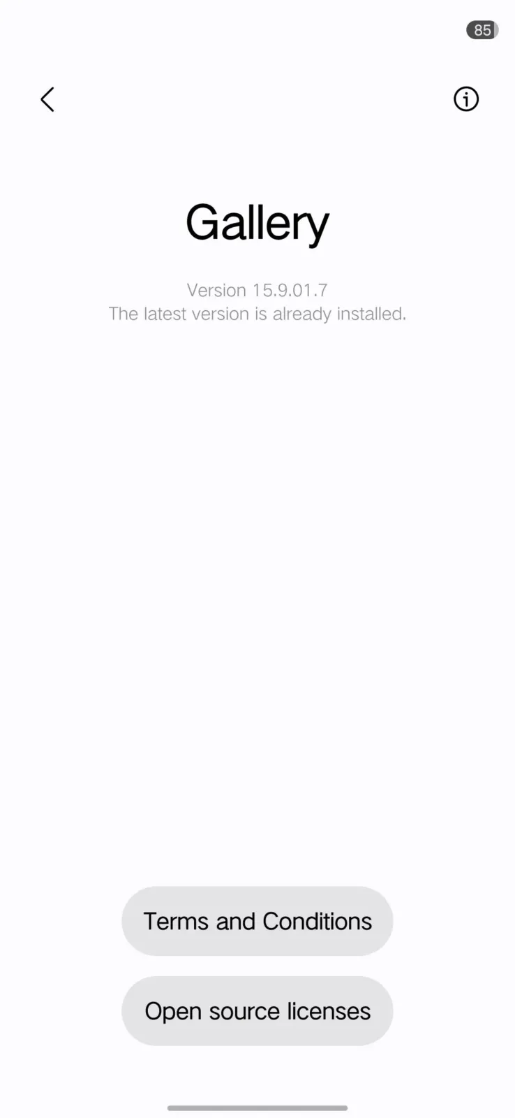 Pantalla de información de la Galería de Samsung con la versión 15.9.01.7 instalada