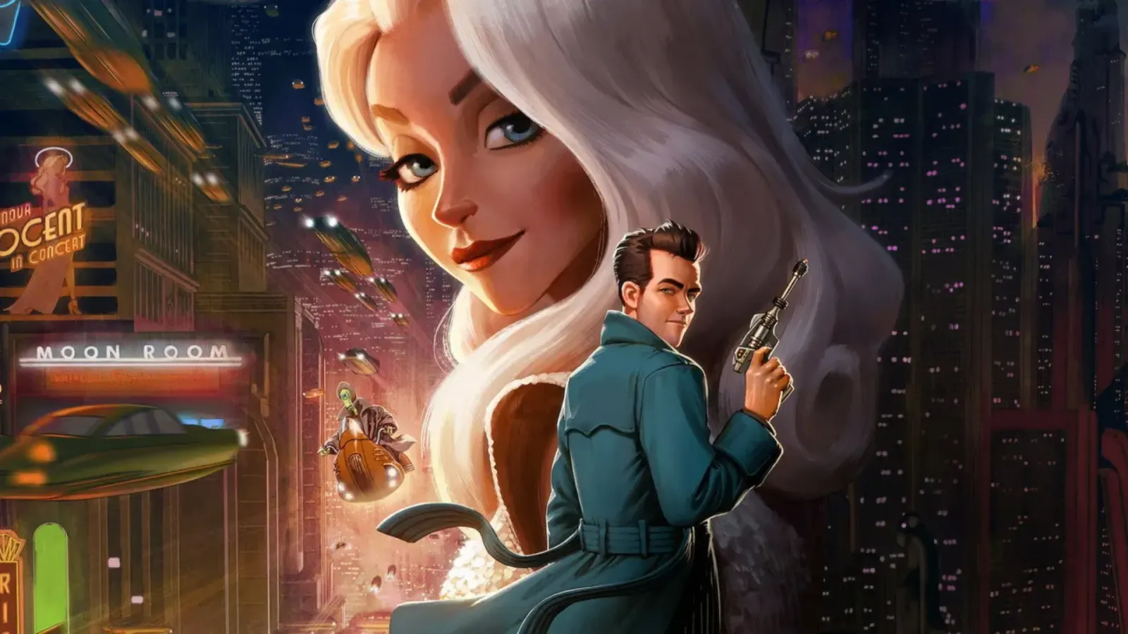 Venus Nova y el detective Ray Gunn en el arte oficial de Ray Gunn, la película animada de Netflix