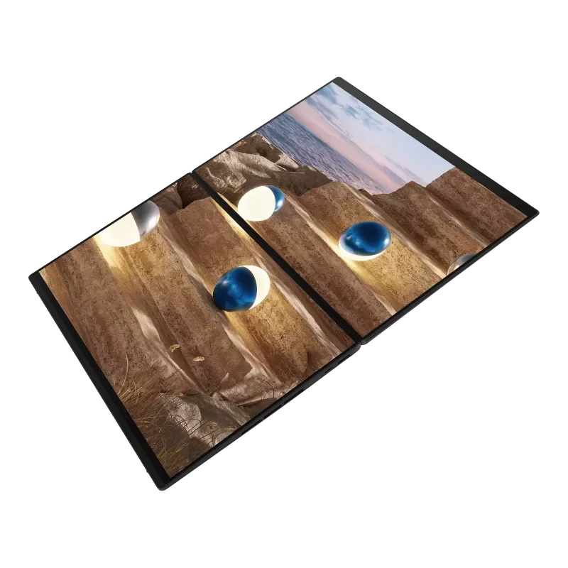 ASUS Zenbook DUO en modo de uso compartido, con las dos pantallas desplegadas en plano