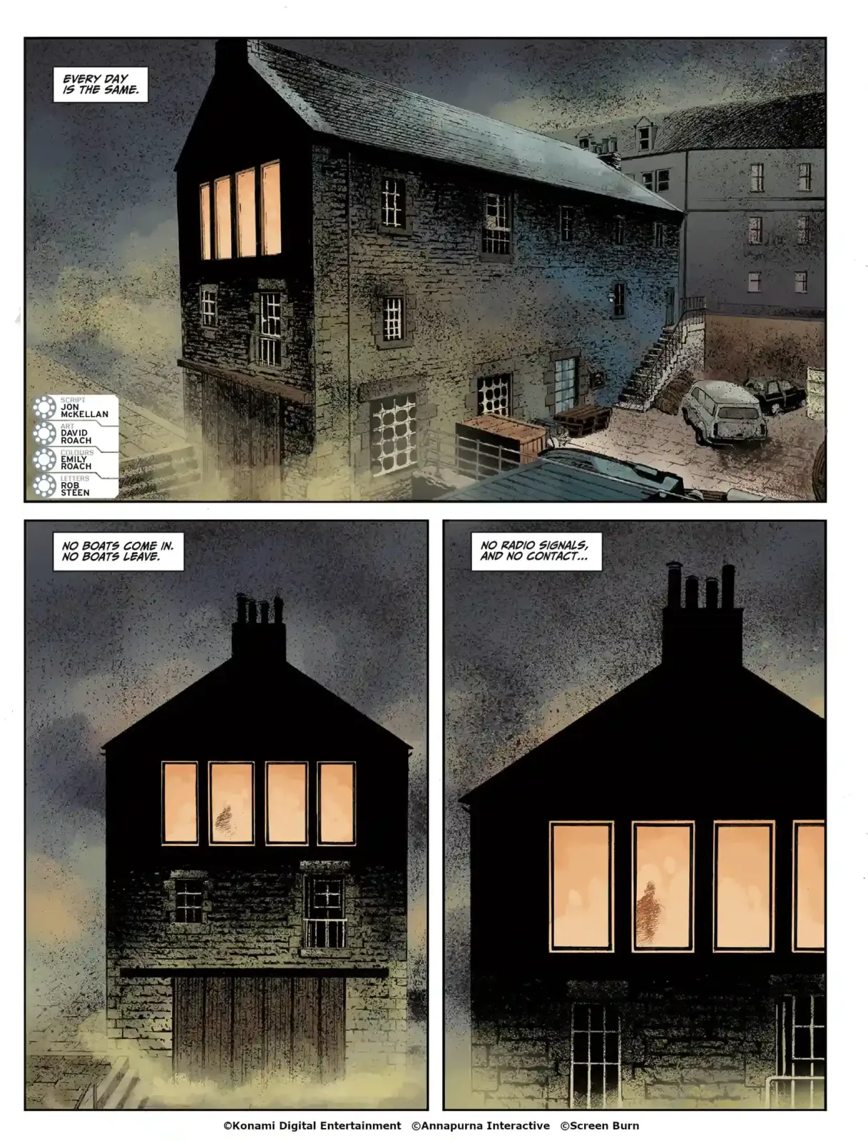 Viñetas del cómic de Silent Hill: Townfall con la casa del muelle de St. Amelia iluminada de noche